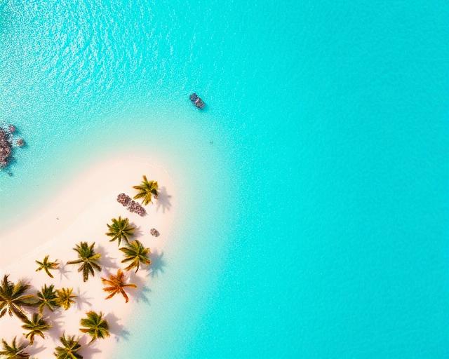 Aerial view of a Caribbean beach with turquoise water and palm trees