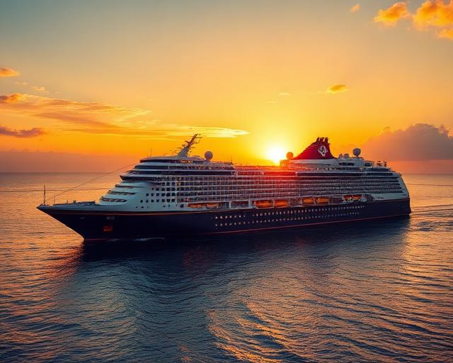 Disney cruise ship at sunset on calm ocean waters