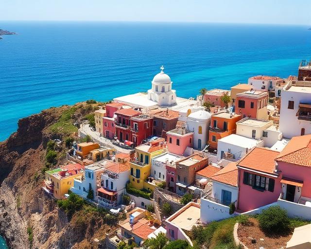 Colorful Mediterranean coastal village with turquoise sea