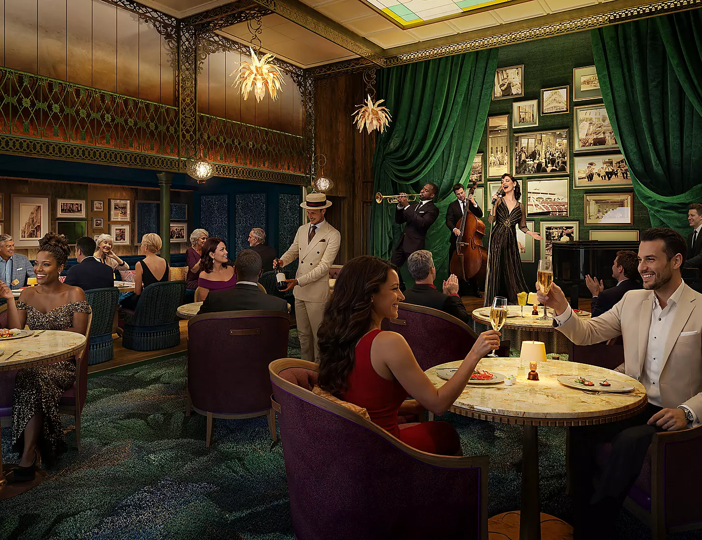 Orleans Parish Supper Club interior with brass fixtures, velvet seating, and live jazz musicians performing under warm lighting
