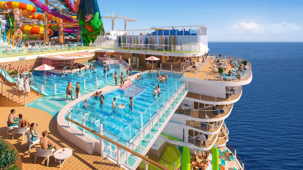Resort-style pool deck aboard Hero of the Seas with multiple swimming areas and tropical landscaping